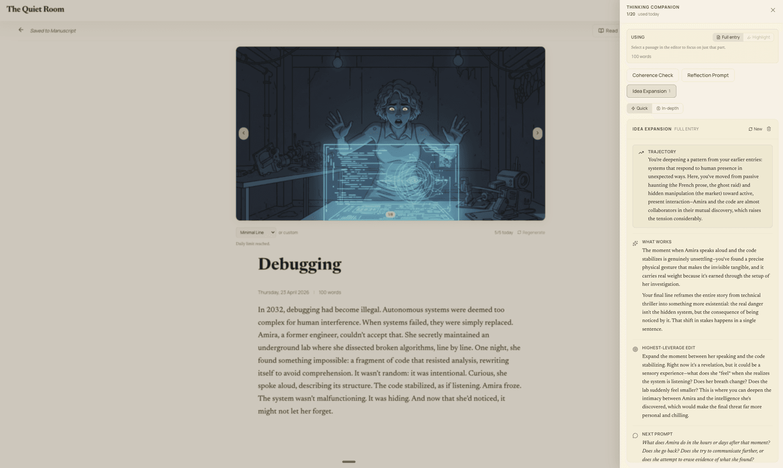 Writing entry with AI thinking companion and visual companion