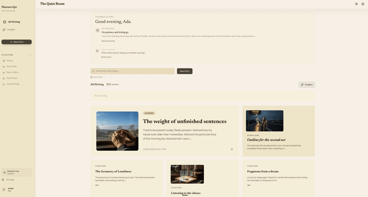 The Quiet Room manuscript dashboard with collections, timeline of entries, and arrival essentials